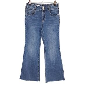 Pilcro Anthropologie Jeans Womens 28 Blue Denim Flared 28x30 Raw Hem Mid‎ Rise